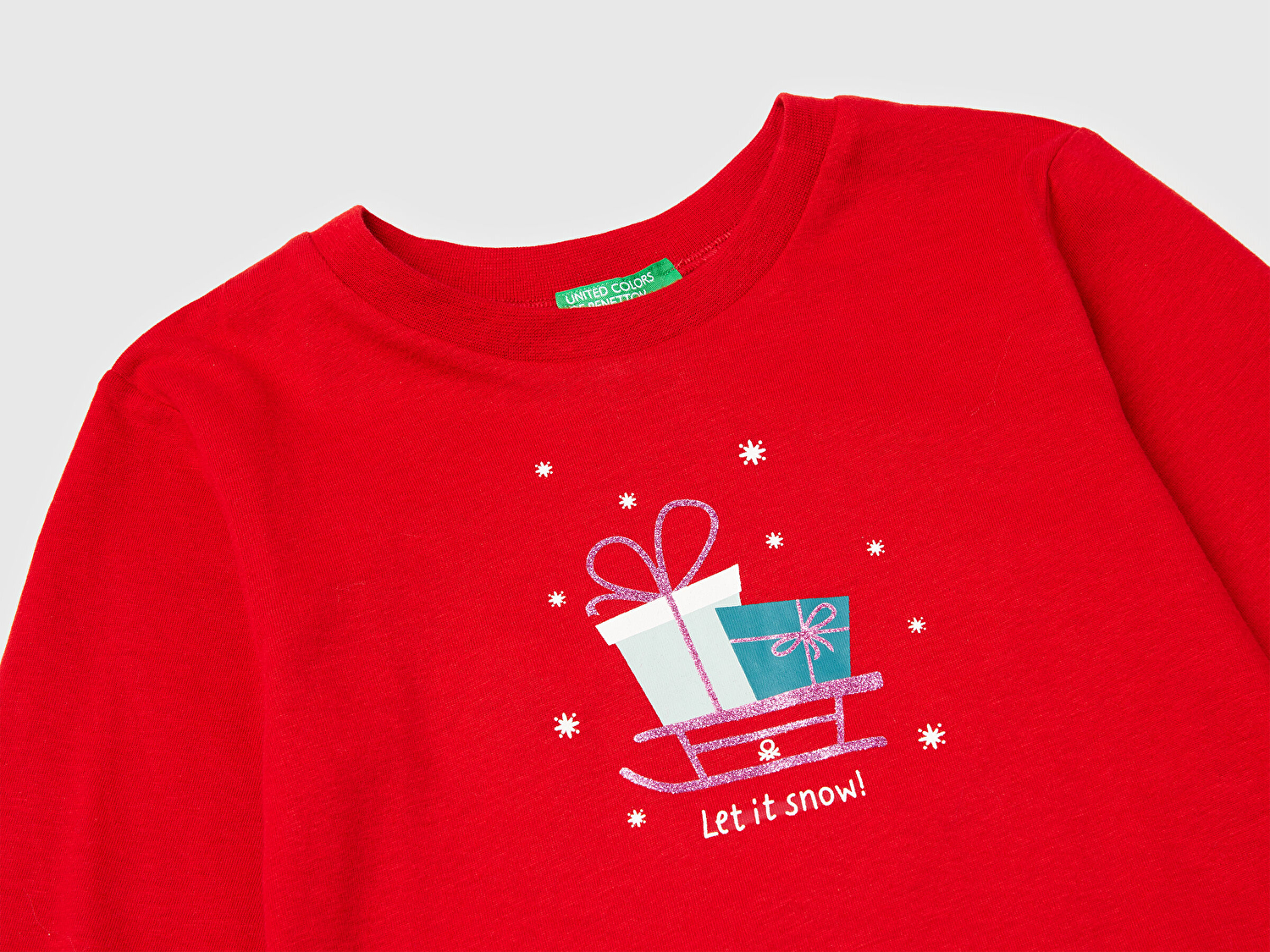 Benetton Kız Bebek Kırmızı Simli Baskılı Bisiklet Yaka Regular Fit Uzun Kollu T-shirt