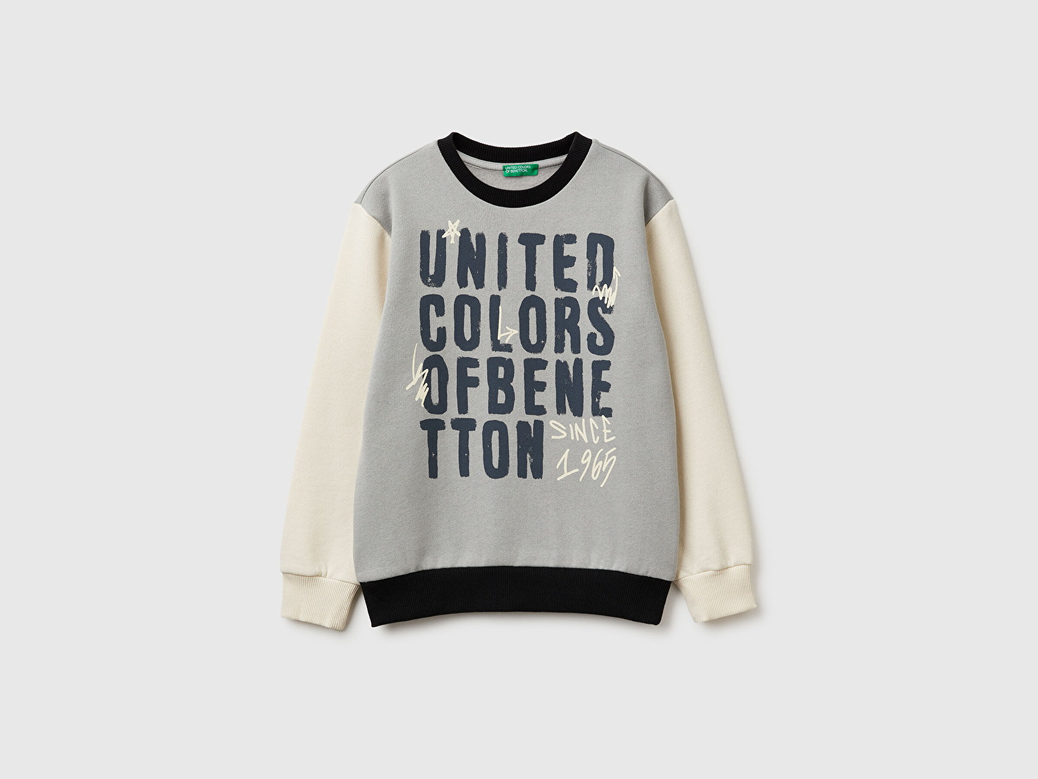 Benetton Erkek Çocuk Gri-Krem Önü Logo Baskılı Nervürlü Sweatshirt