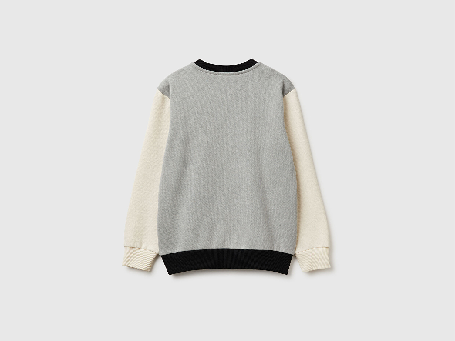 Benetton Erkek Çocuk Gri-Krem Önü Logo Baskılı Nervürlü Sweatshirt