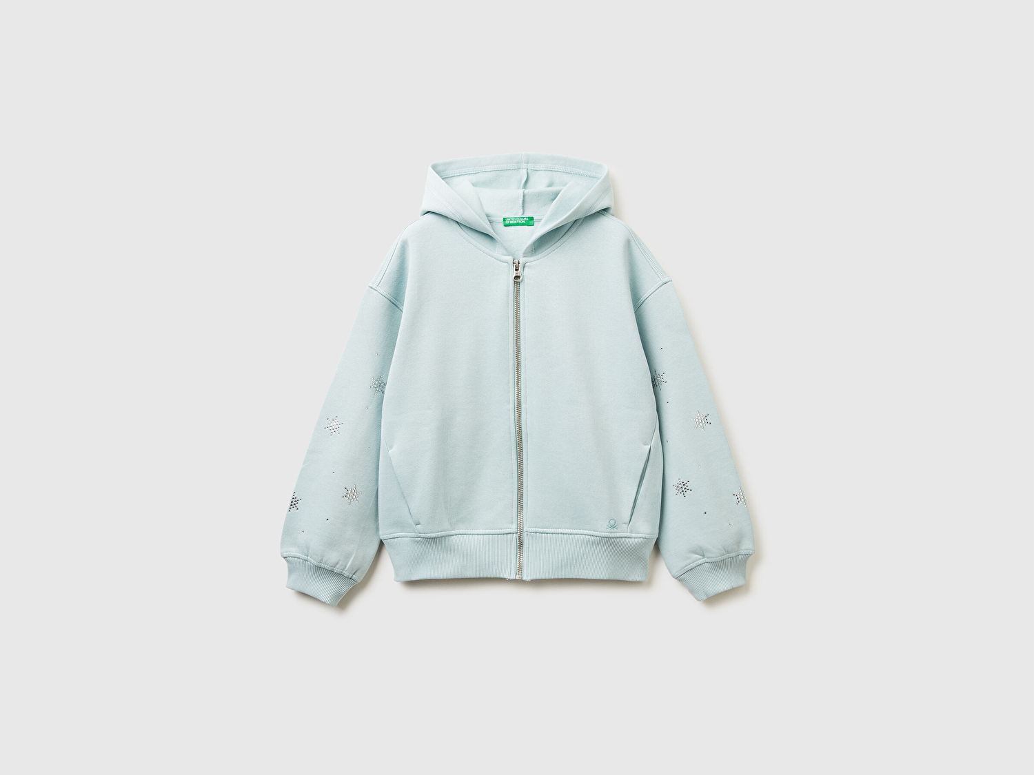 Benetton Kız Çocuk Su Yeşili Kristal Aplikeli Logo Detaylı Fermuarlı Kapüşonlu Şardonlu Sweatshirt