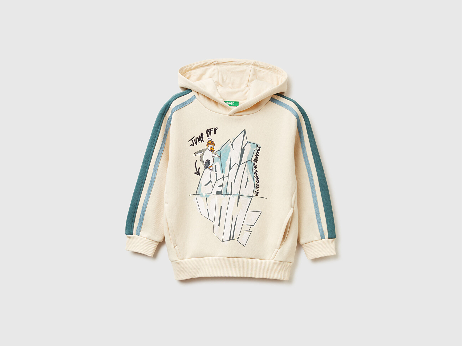 Benetton Erkek Bebek Krem Önü Baskılı Kolları Şeritli Kapüşonlu Sweatshirt