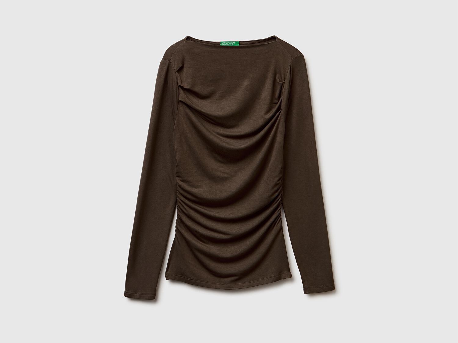 Benetton Kadın Koyu Kahverengi Modal Karışımlı Slim Fit Kayık Yaka Uzun Kollu T-Shirt