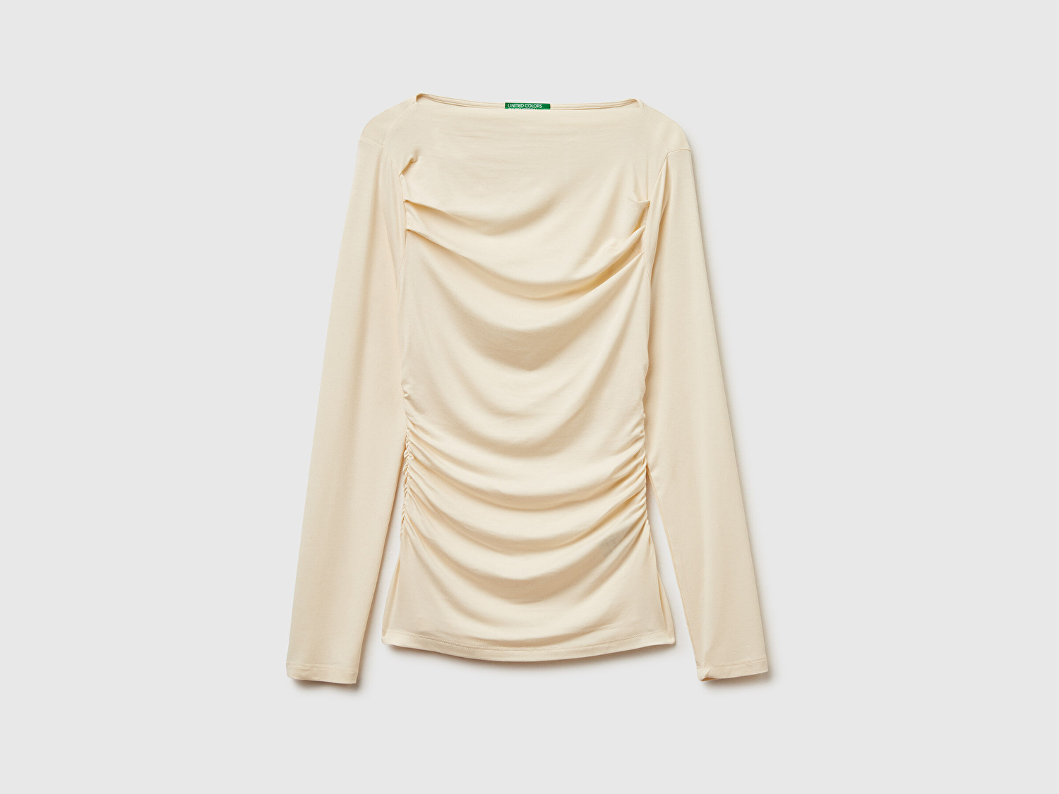 Benetton Kadın Krem Modal Karışımlı Slim Fit Kayık Yaka Uzun Kollu T-Shirt