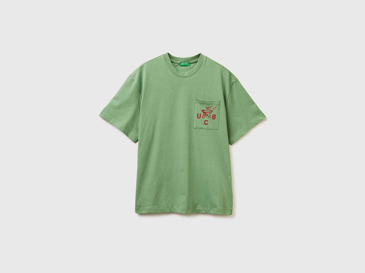 Benetton Erkek Haki Yeşilli %100 Pamuk Önü İşleme Detaylı Oversize Bisiklet Yaka T-Shirt