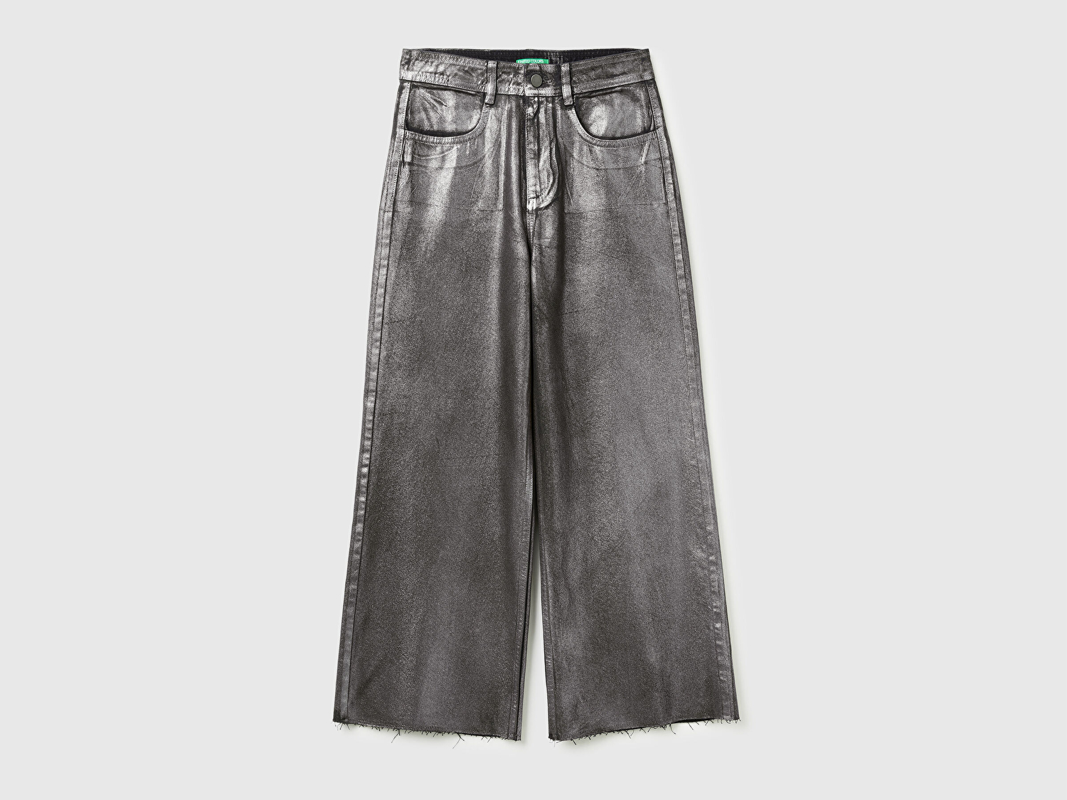 Benetton Kadın Koyu Gri %100 Pamuk Wide Leg Orta-Yüksek Bel Denim Pantolon