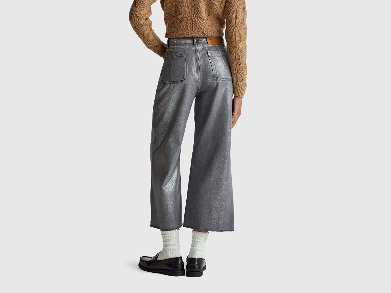 Benetton Kadın Koyu Gri %100 Pamuk Wide Leg Orta-Yüksek Bel Denim Pantolon