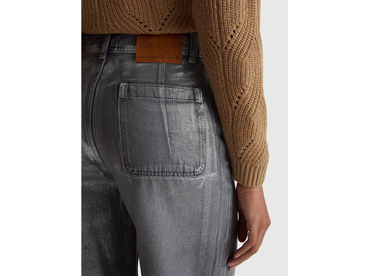 Benetton Kadın Koyu Gri %100 Pamuk Wide Leg Orta-Yüksek Bel Denim Pantolon