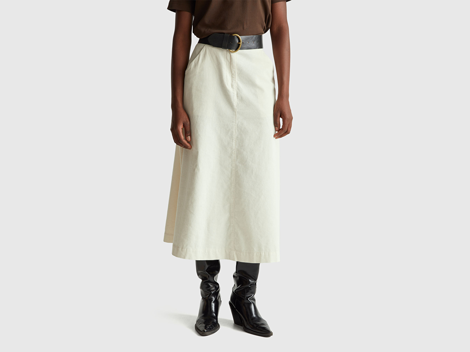 Benetton Kadın Krem %100 Pamuk Kadife Kloş Fermuarlı Midi Etek