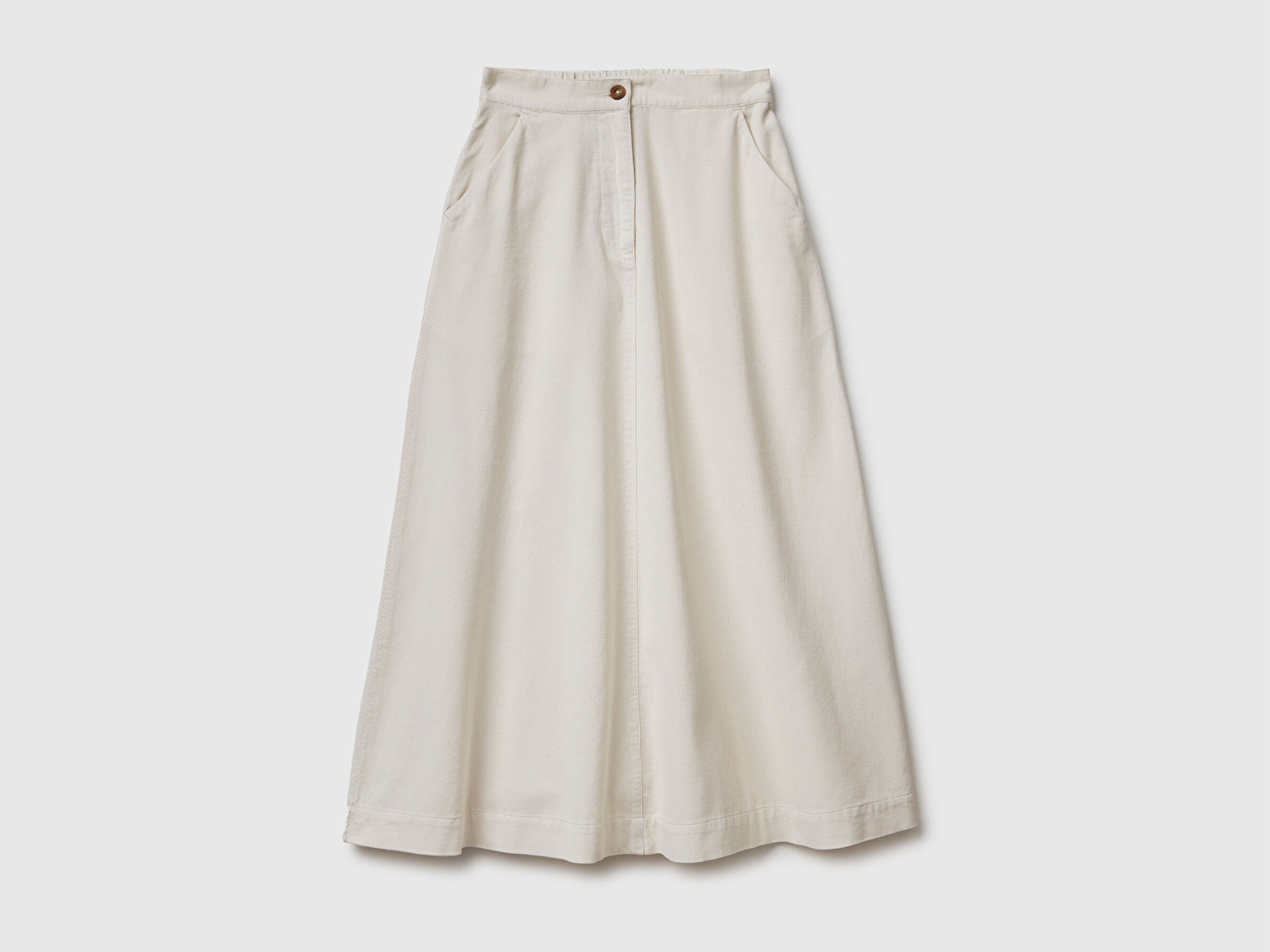 Benetton Kadın Krem %100 Pamuk Kadife Kloş Fermuarlı Midi Etek