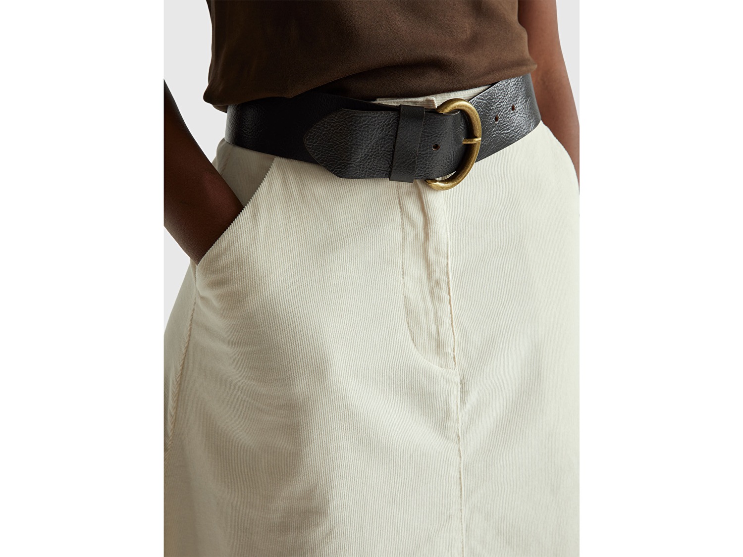 Benetton Kadın Krem %100 Pamuk Kadife Kloş Fermuarlı Midi Etek