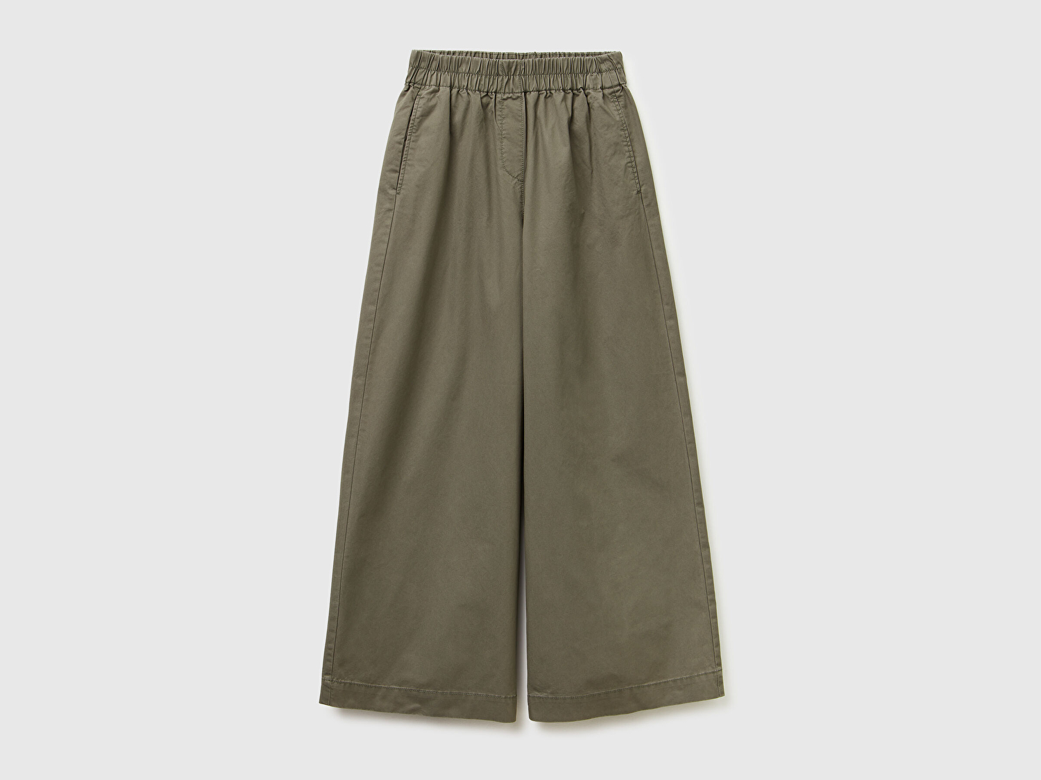 Benetton Kadın Haki %100 Pamuk Beli Lastikli Geniş Paça Pantolon