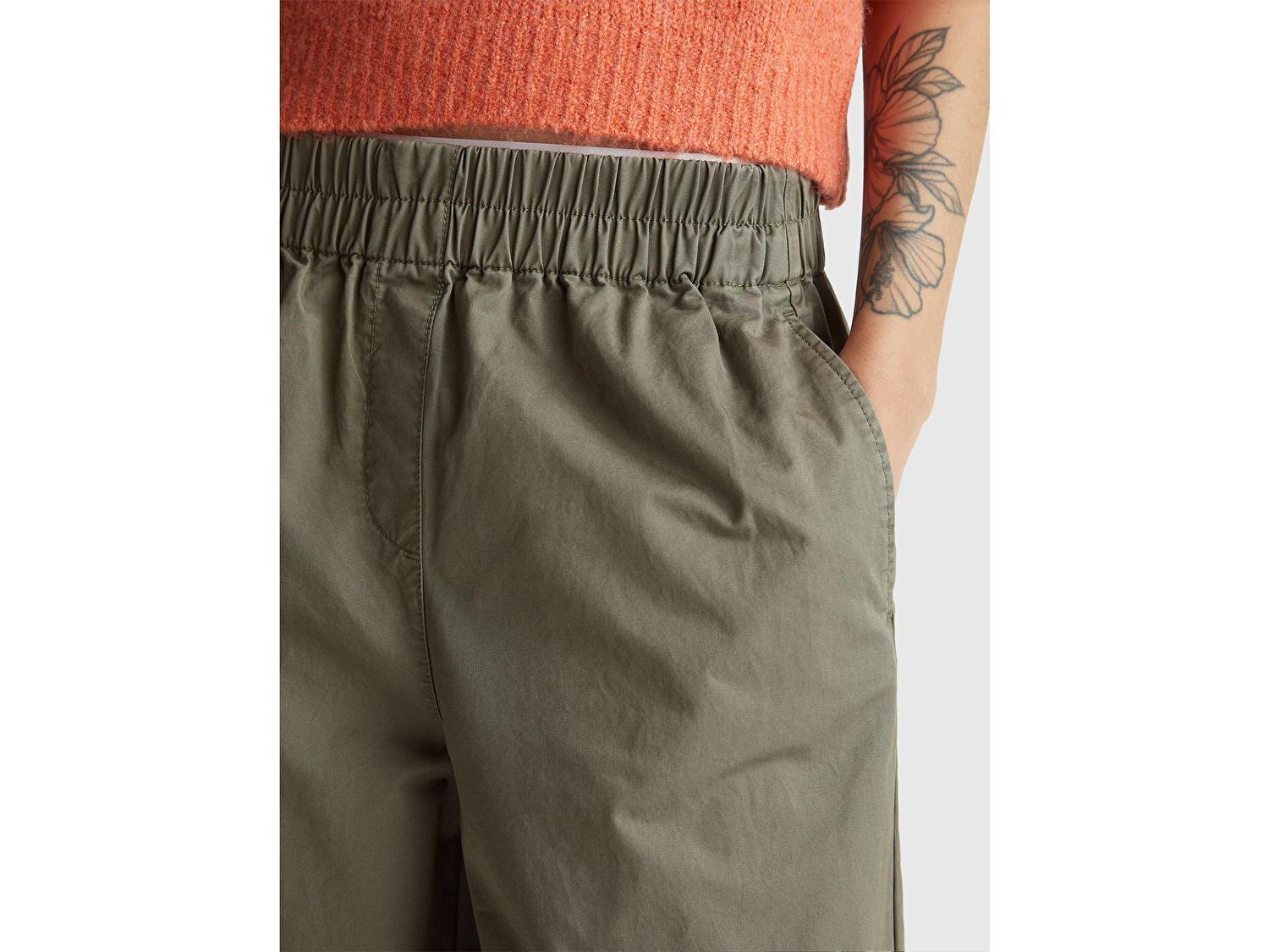 Benetton Kadın Haki %100 Pamuk Beli Lastikli Geniş Paça Pantolon