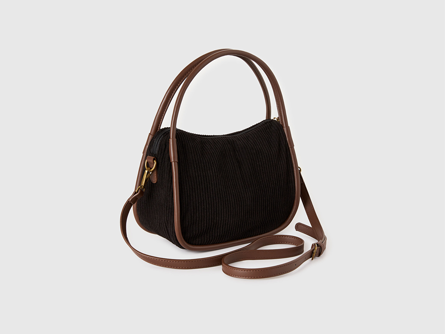 Benetton Kadın Siyah Suni Deri Detaylı Fermuarlı Kadife Bowling Çanta