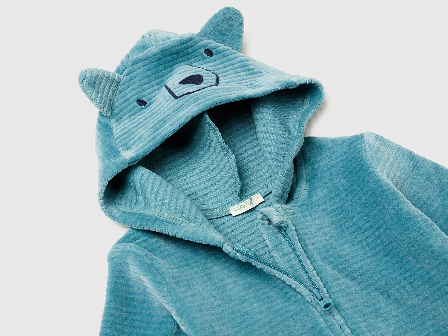 Benetton Bebek Koyu Yeşil Nervür Desenli İşlemeli Kulaklı Kapüşonlu Sweatshirt