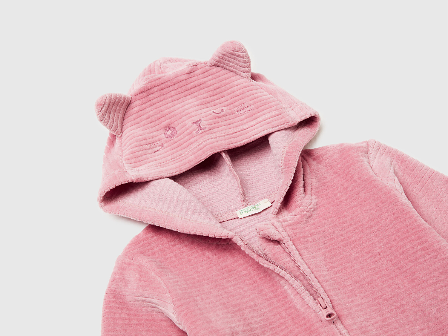 Benetton Bebek Gül Kurusu Nervür Desenli İşlemeli Kulaklı Kapüşonlu Sweatshirt