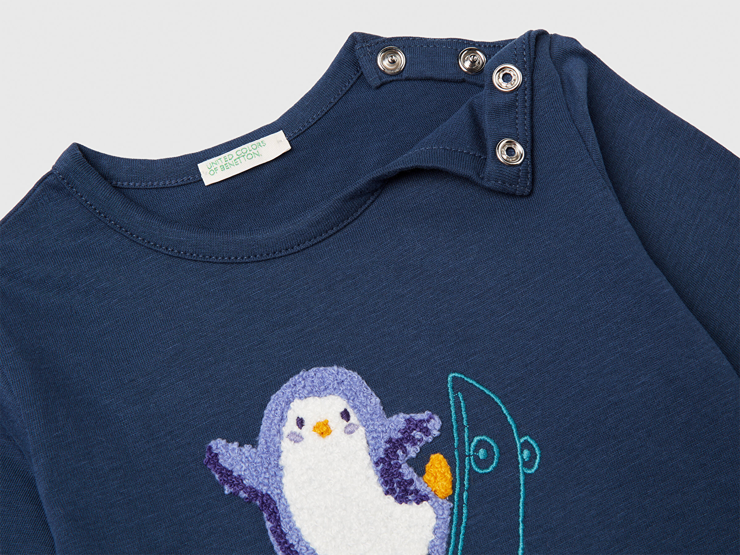 Benetton Bebek Lacivert Önü Baskılı Bisiklet Yaka Uzun Kollu T-shirt