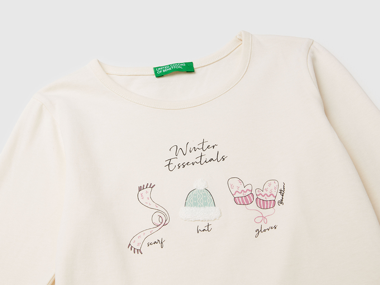 Benetton Kız Bebek Ekru Önü Baskılı Arkası Uzun Bisiklet Yaka Uzun Kollu T-shirt