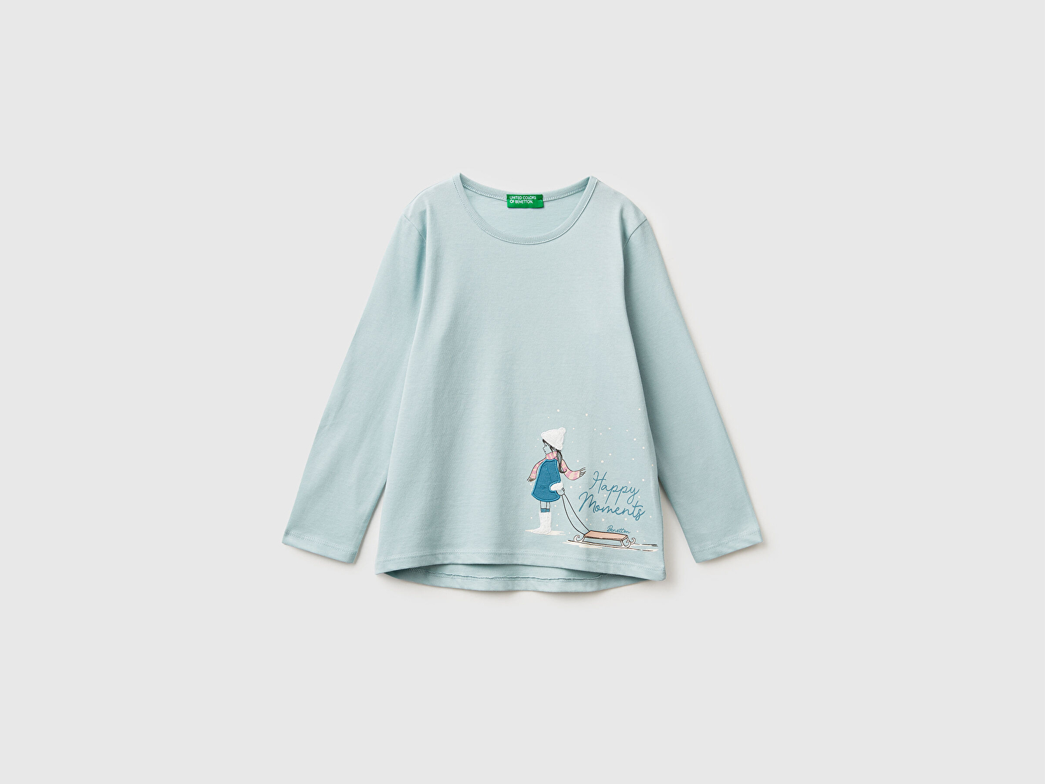 Benetton Kız Bebek Su Yeşili Önü Baskılı Arkası Uzun Bisiklet Yaka Uzun Kollu T-shirt