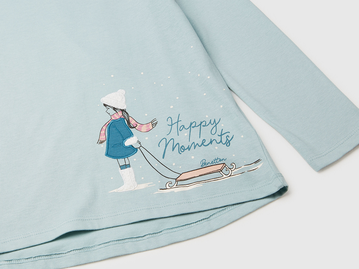 Benetton Kız Bebek Su Yeşili Önü Baskılı Arkası Uzun Bisiklet Yaka Uzun Kollu T-shirt