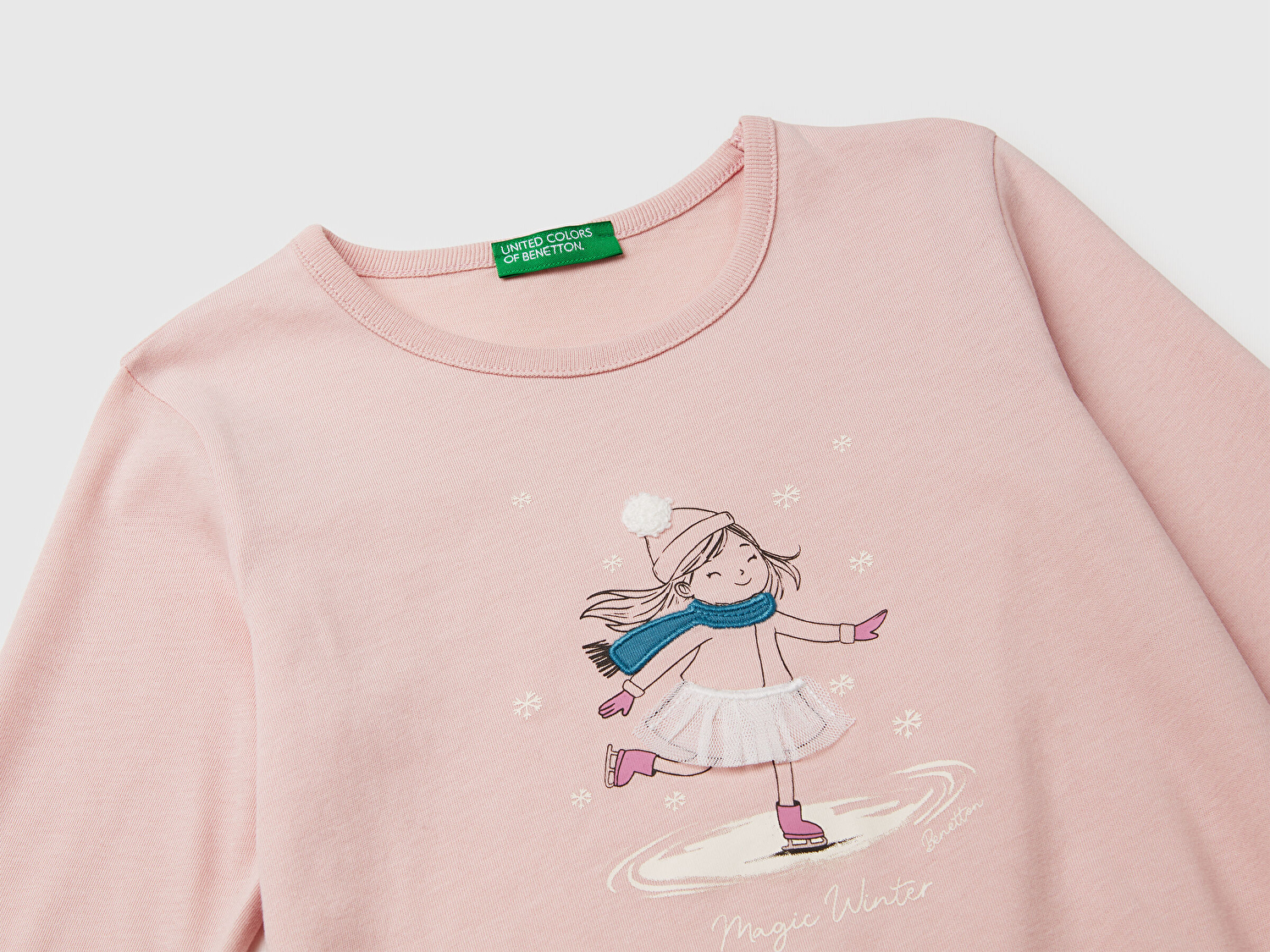 Benetton Kız Bebek Toz Pembe Önü Baskılı Arkası Uzun Bisiklet Yaka Uzun Kollu T-shirt