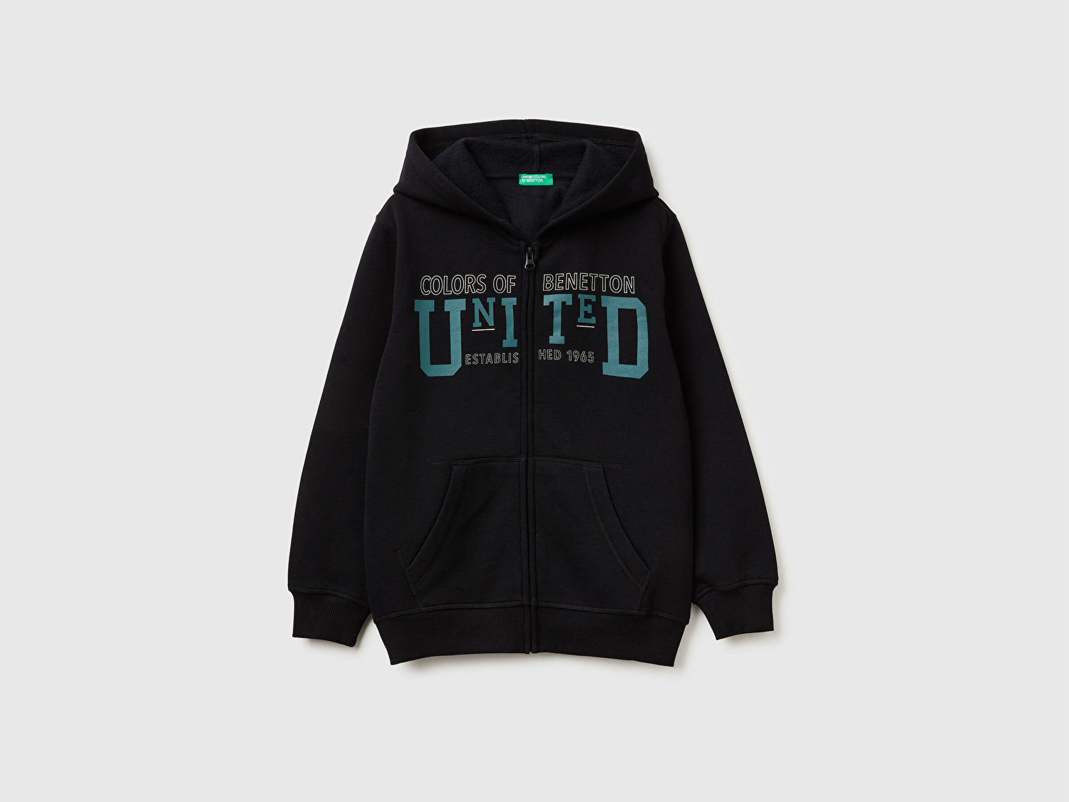 Benetton Erkek Çocuk Siyah Önü Logo Baskılı Cepli Fermuarlı Sweatshirt