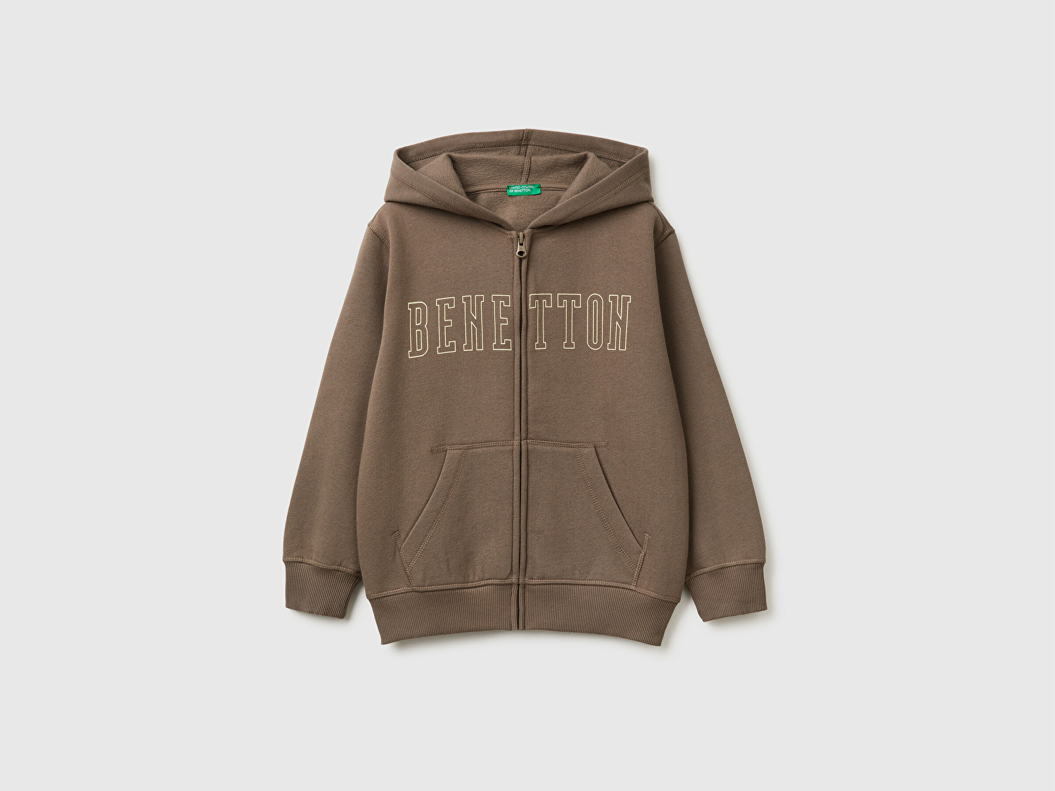 Benetton Erkek Çocuk Haki Kahve Önü Logo Baskılı Cepli Fermuarlı Sweatshirt