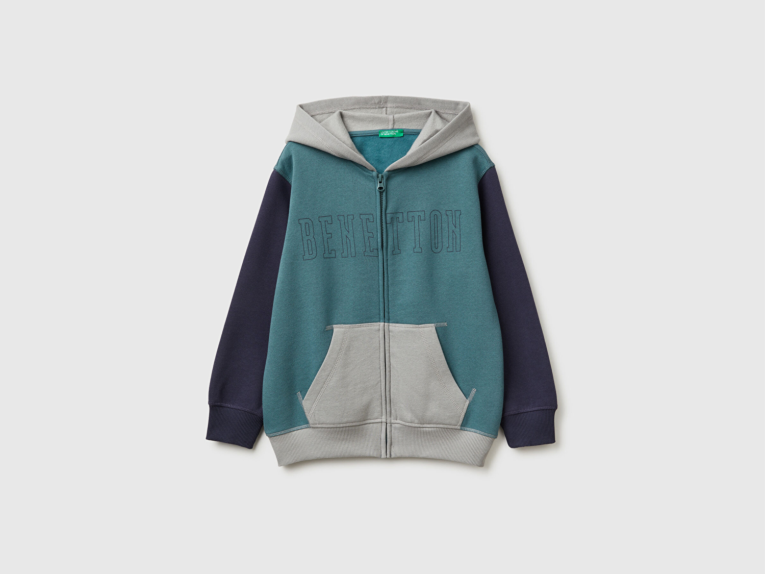 Benetton Erkek Çocuk Koyu Yeşil-Gri Önü Logo Baskılı Cepli Fermuarlı Sweatshirt