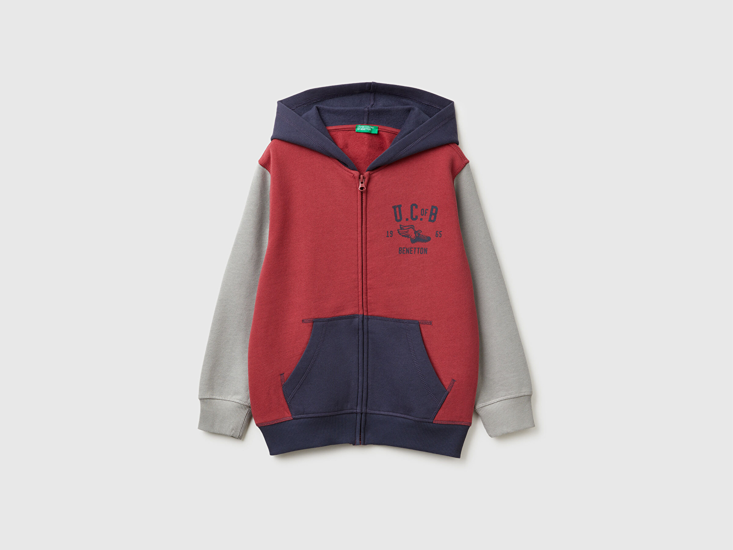 Benetton Erkek Çocuk Bordo-Gri Önü Logo Baskılı Cepli Fermuarlı Sweatshirt