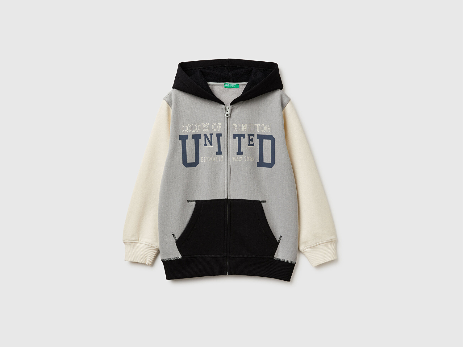 Benetton Erkek Çocuk Gri-Krem Önü Logo Baskılı Cepli Fermuarlı Sweatshirt
