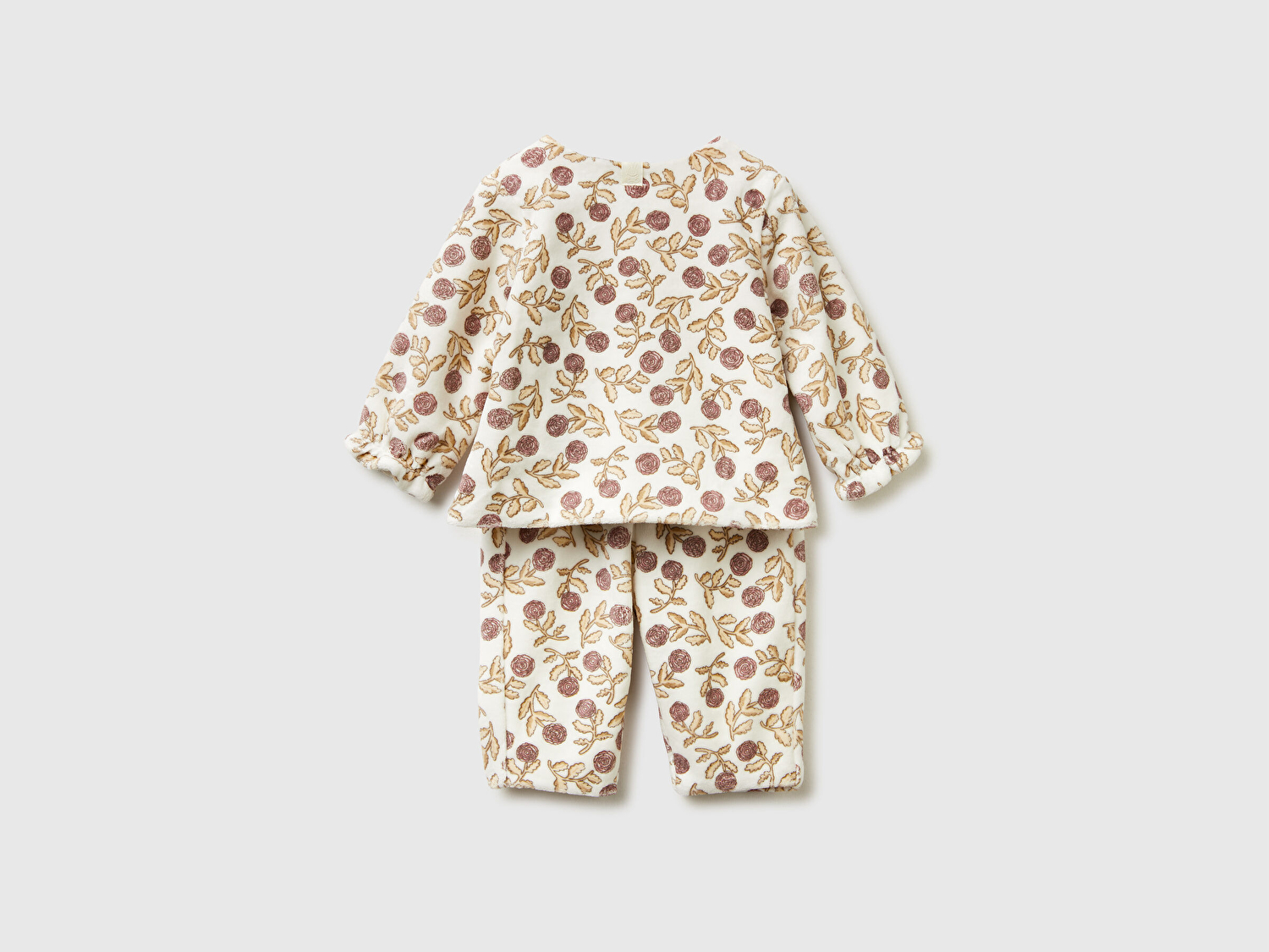 Benetton Bebek Ekru Tamamı Desenli Fırfır Detaylı Çıtçıtlı Üst ve Alt Eşofman Takım