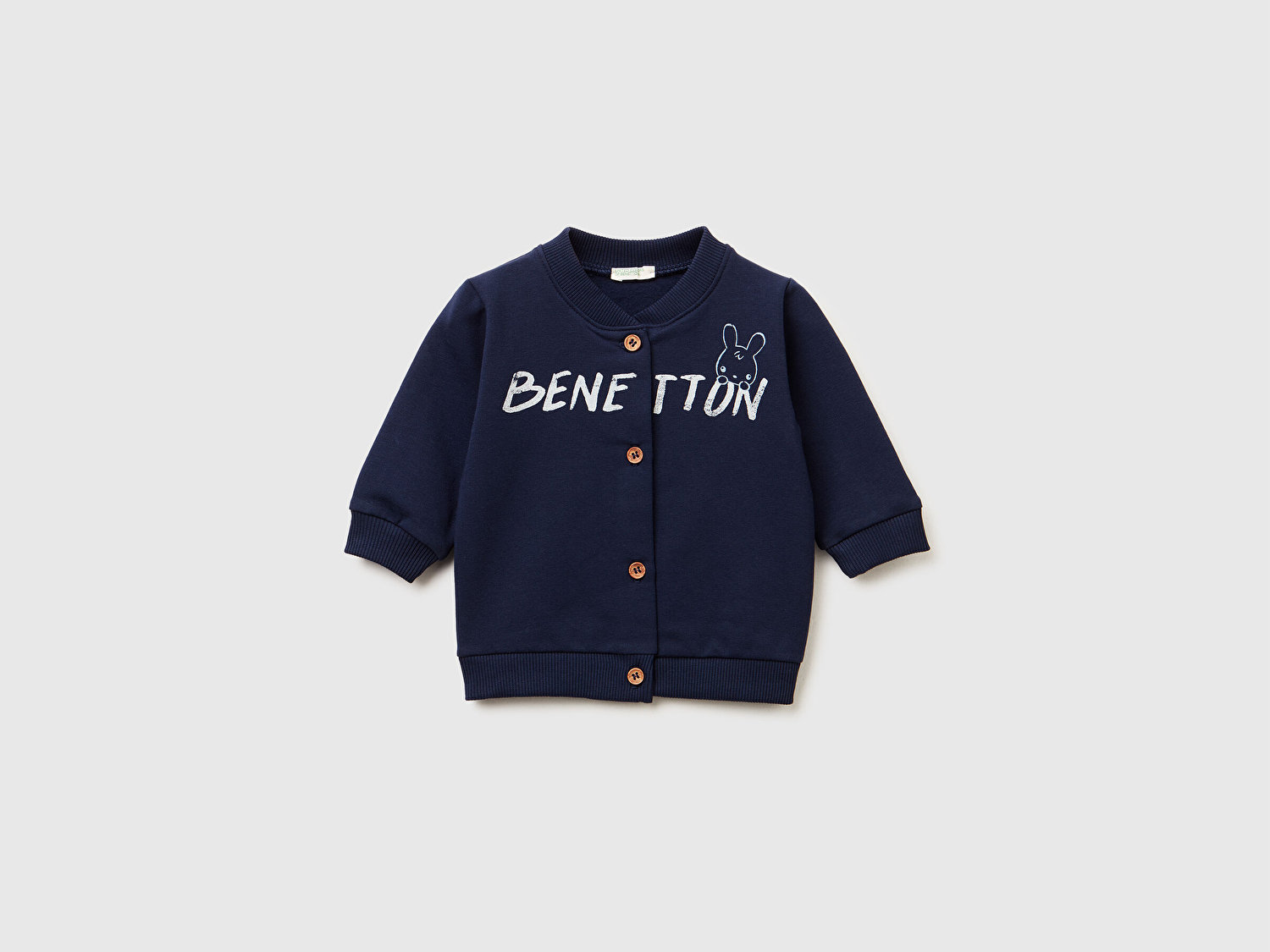 Benetton Bebek Lacivert Önü Logo Baskılı Düğmeli Bomber Yaka Sweatshirt Hırka