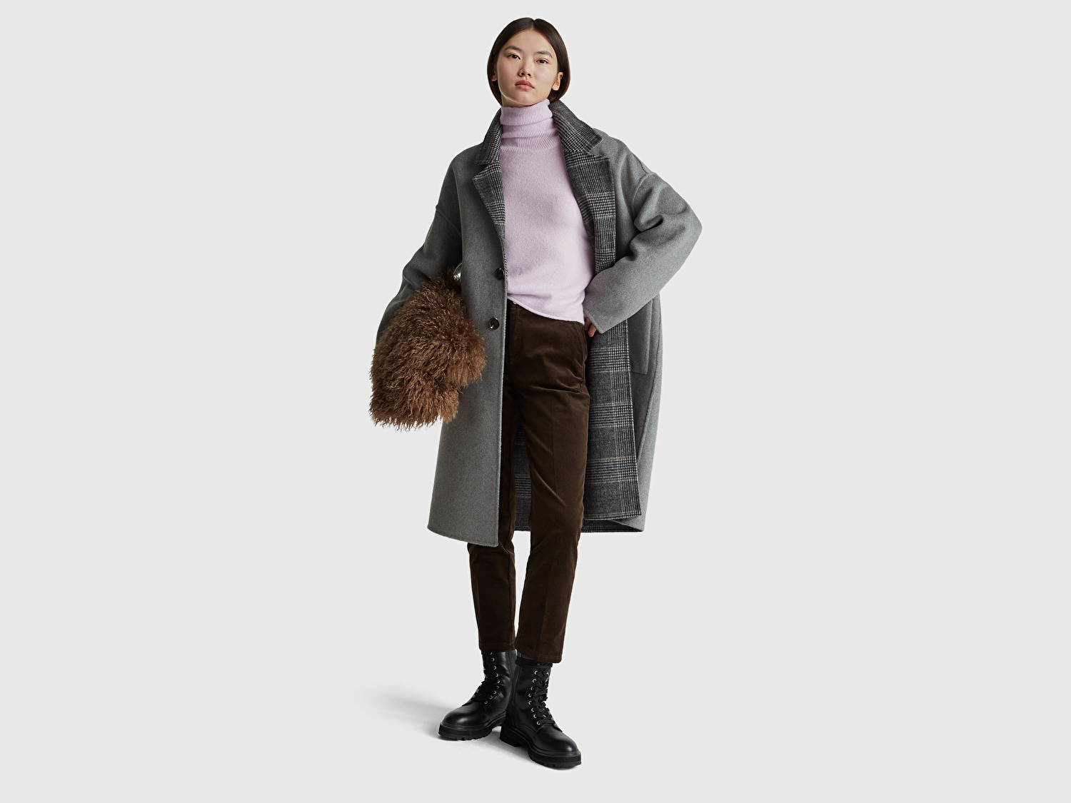 Benetton Kadın Lila Akrilik ve Yün Karışımlı Düşük Omuzlu Balıkçı Yaka Kazak