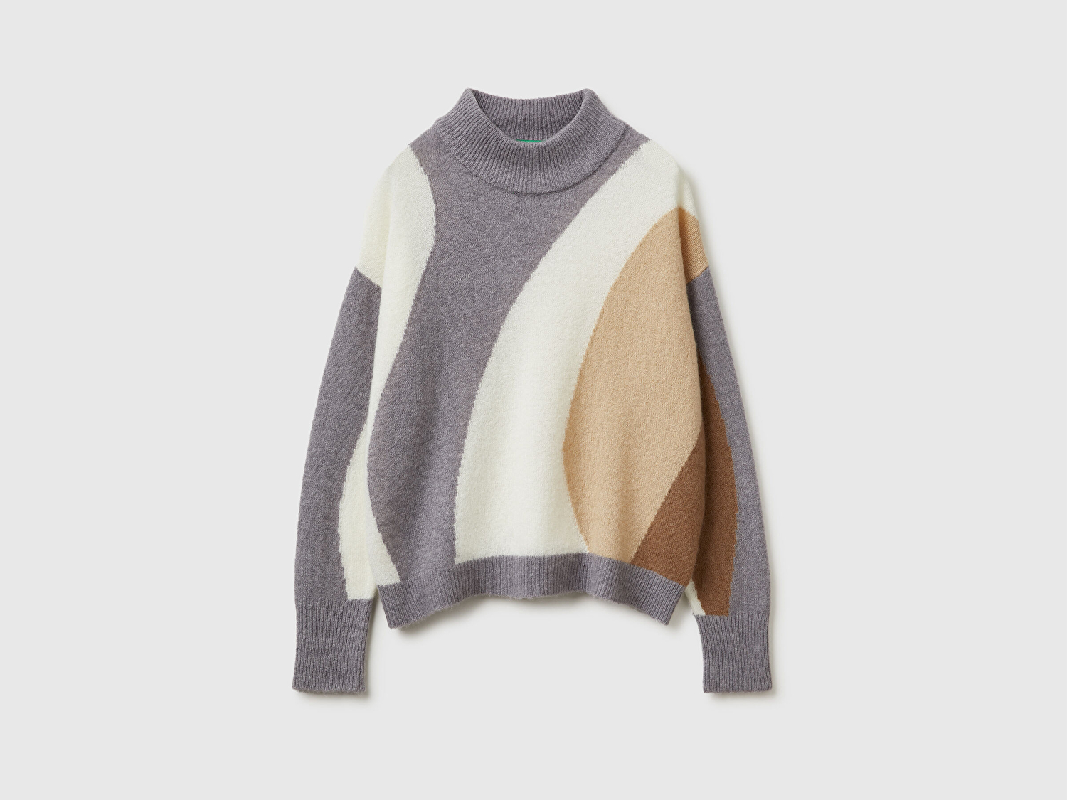 Benetton Kadın Krem Mix Akrilik ve Yün Karışımlı Desenli Bisiklet Yaka Kazak