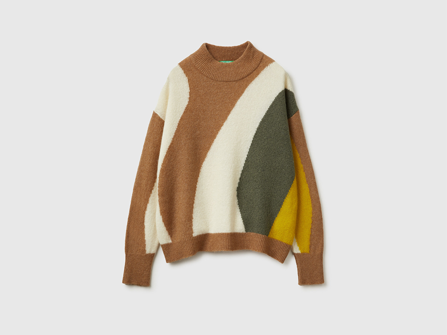 Benetton Kadın Bej Miz Akrilik ve Yün Karışımlı Desenli Bisiklet Yaka Kazak