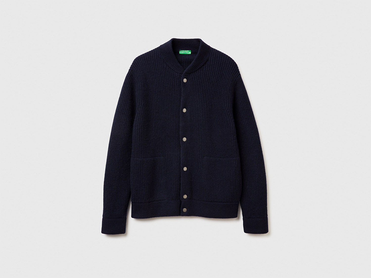 Benetton Erkek Lacivert Yün Karışımlı Önü Cep Detaylı Çıtçıt Düğmeli Hırka