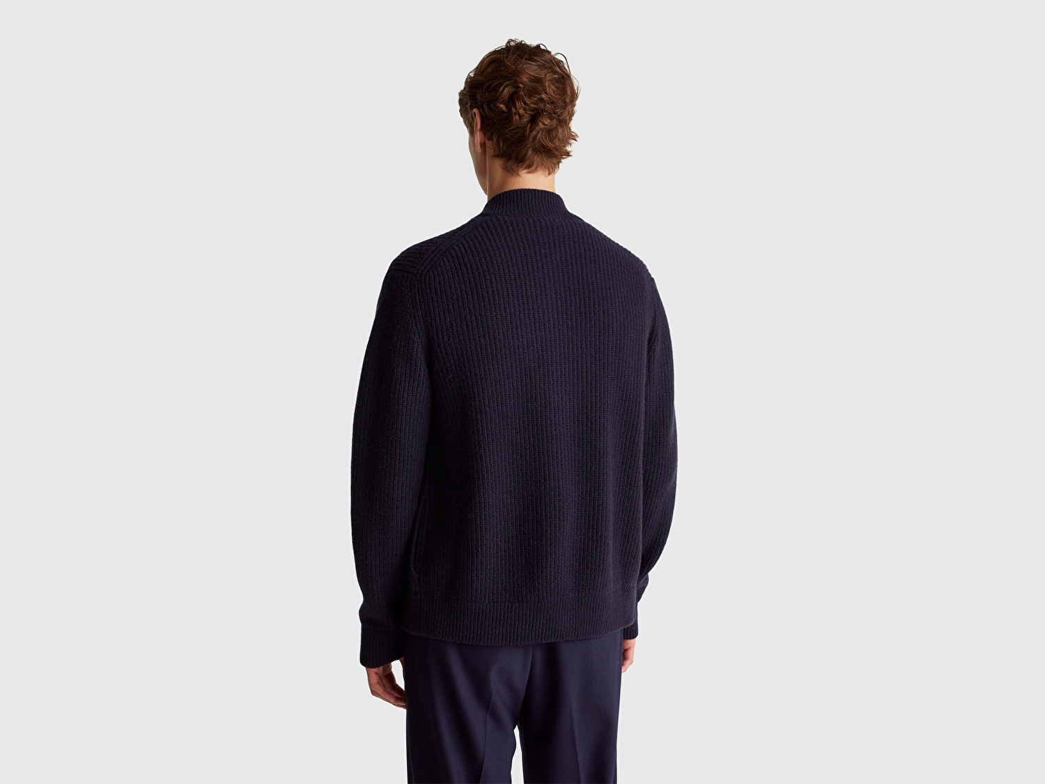 Benetton Erkek Lacivert Yün Karışımlı Önü Cep Detaylı Çıtçıt Düğmeli Hırka