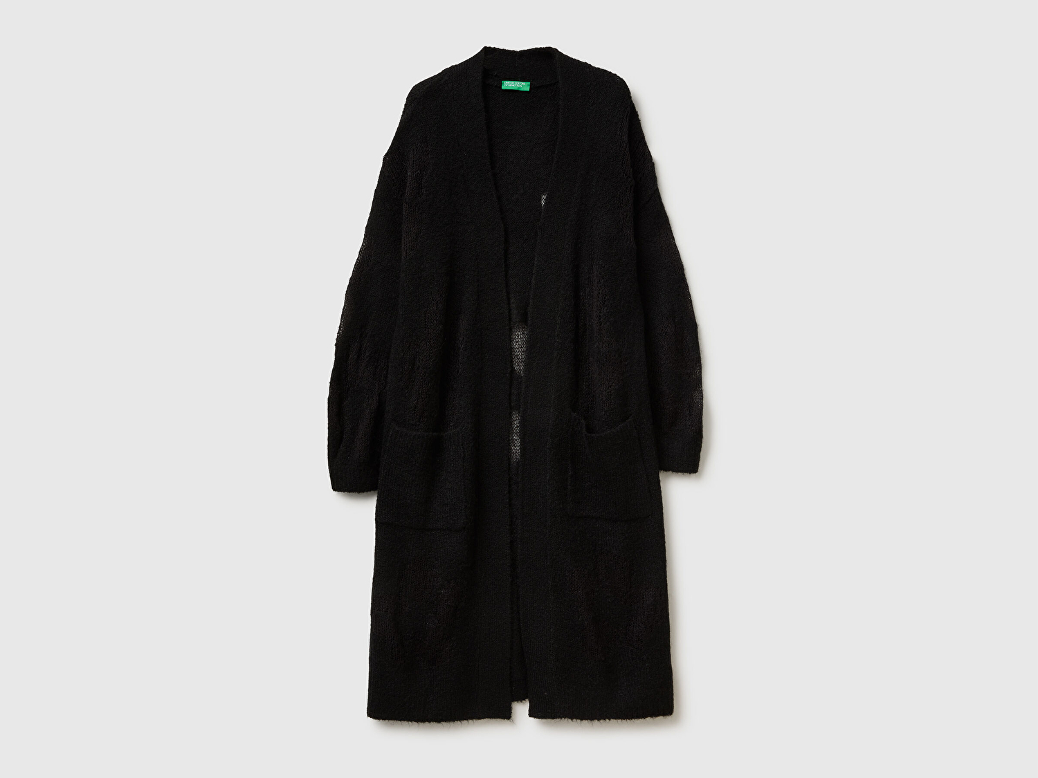 Benetton Kadın Siyah Akrilik ve Yün Karışımlı Ribana Detaylı Cepli Uzun Hırka