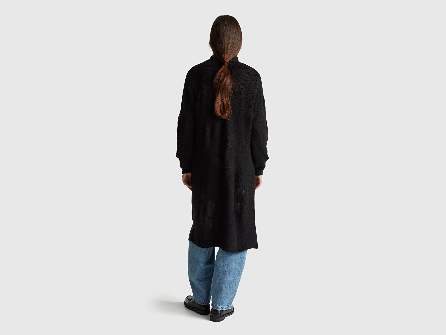 Benetton Kadın Siyah Akrilik ve Yün Karışımlı Ribana Detaylı Cepli Uzun Hırka