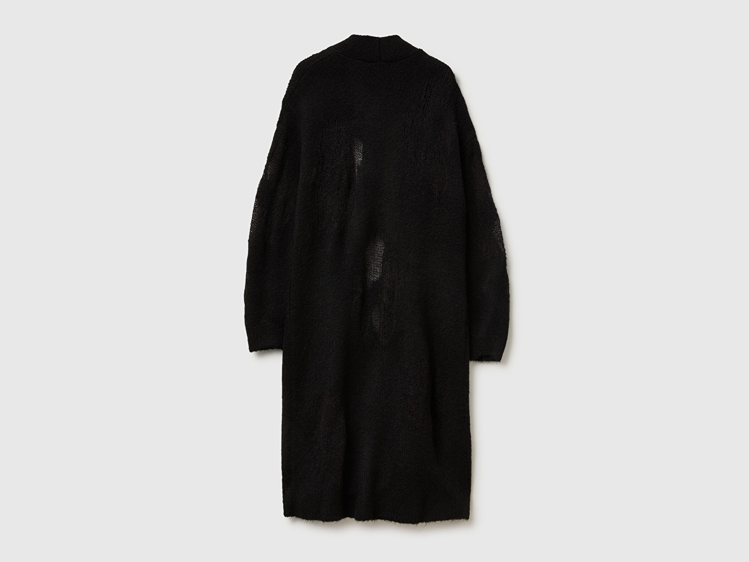 Benetton Kadın Siyah Akrilik ve Yün Karışımlı Ribana Detaylı Cepli Uzun Hırka