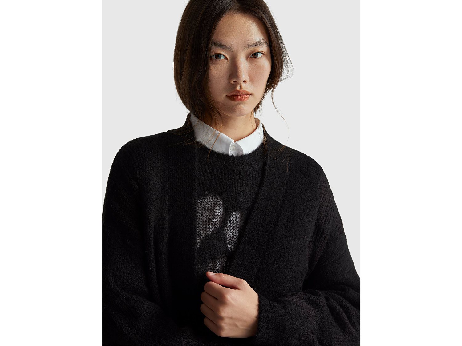 Benetton Kadın Siyah Akrilik ve Yün Karışımlı Ribana Detaylı Cepli Uzun Hırka