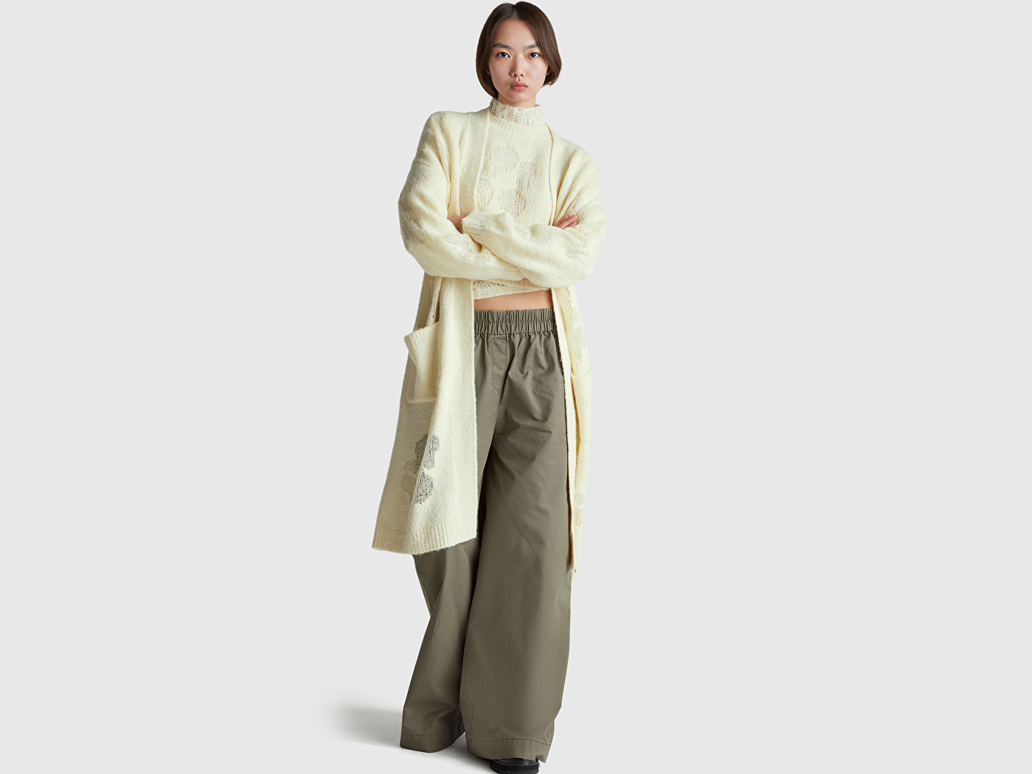 Benetton Kadın Krem Akrilik ve Yün Karışımlı Ribana Detaylı Cepli Uzun Hırka