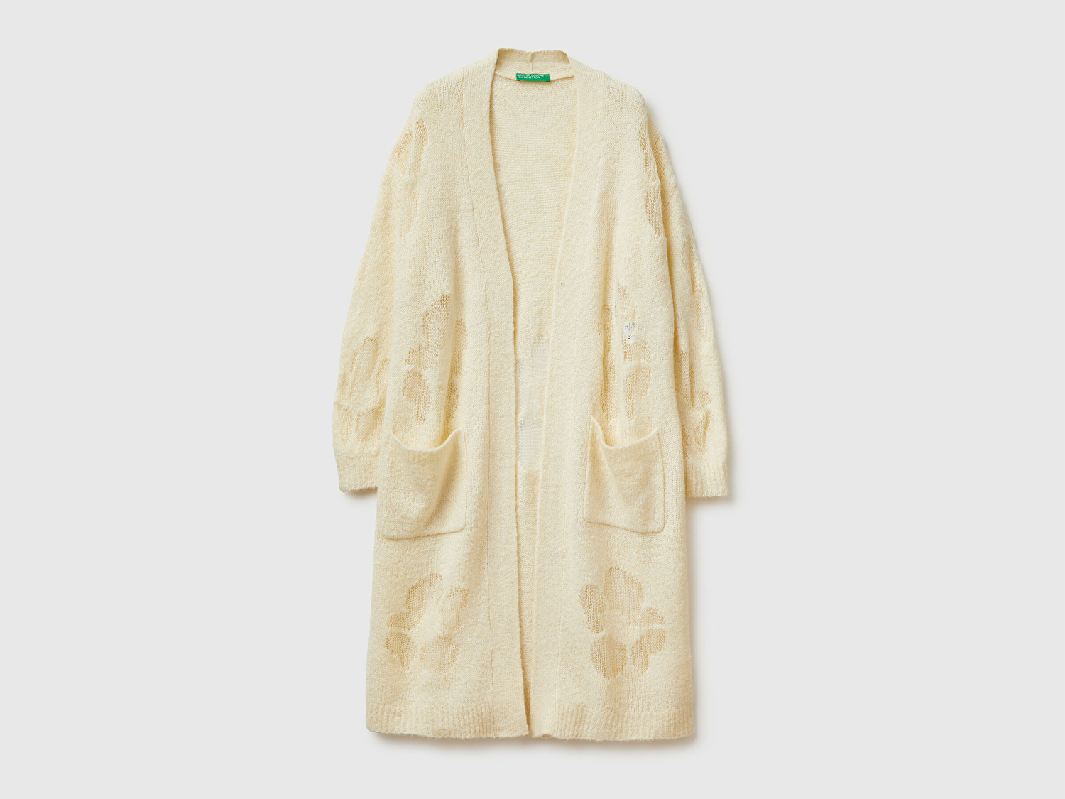 Benetton Kadın Krem Akrilik ve Yün Karışımlı Ribana Detaylı Cepli Uzun Hırka