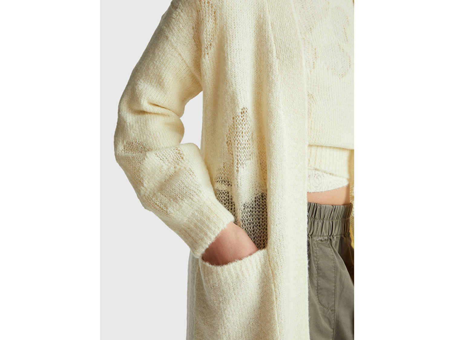 Benetton Kadın Krem Akrilik ve Yün Karışımlı Ribana Detaylı Cepli Uzun Hırka