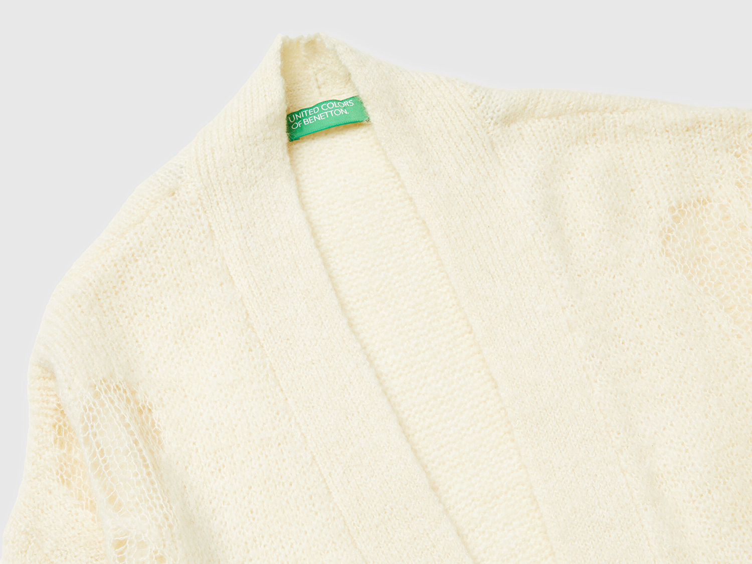 Benetton Kadın Krem Akrilik ve Yün Karışımlı Ribana Detaylı Cepli Uzun Hırka