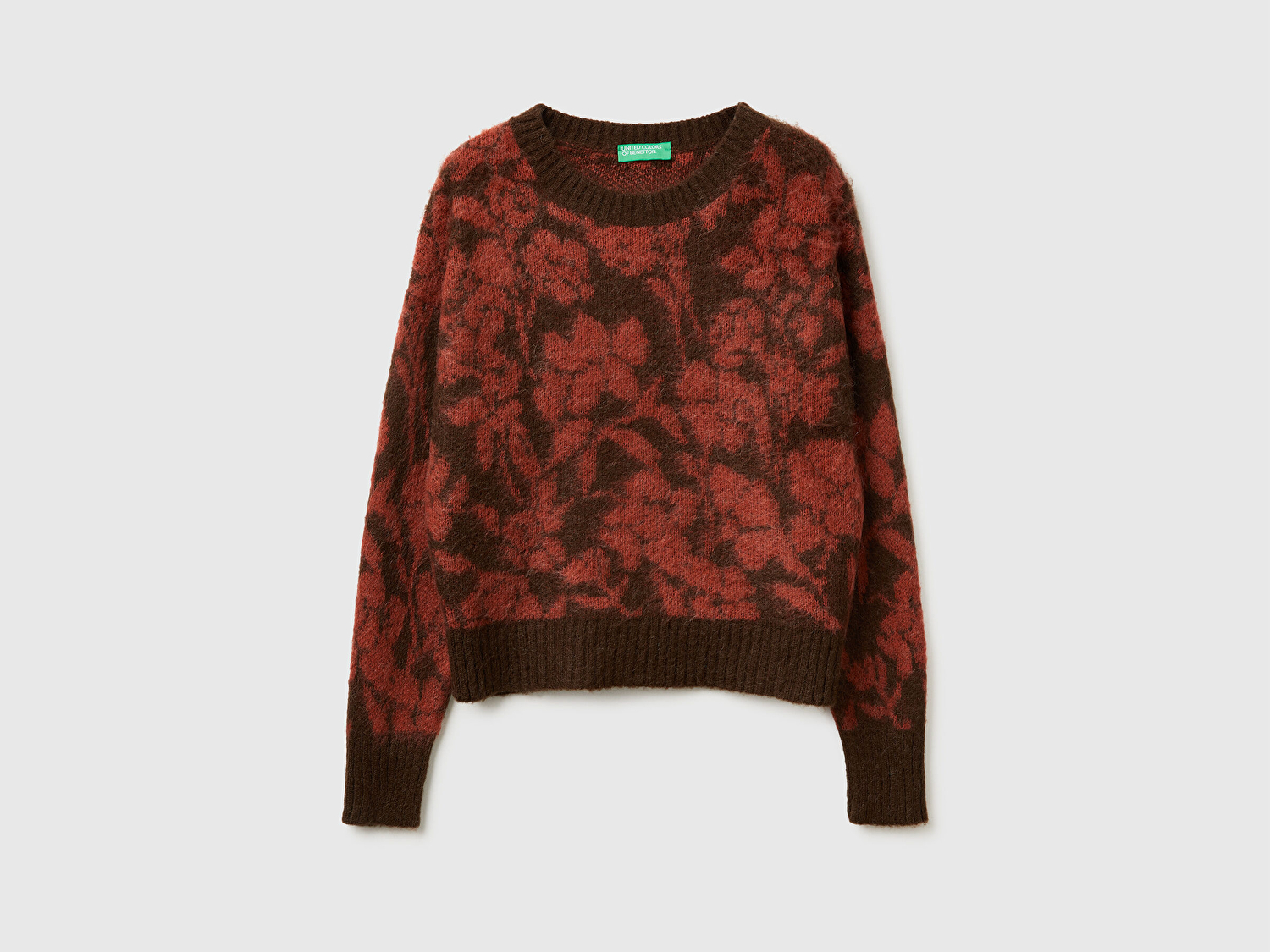 Benetton Kadın Koyu Kahverengi Akrilik Karışımlı Desenli Ribana Detaylı Bisiklet Yaka Kazak