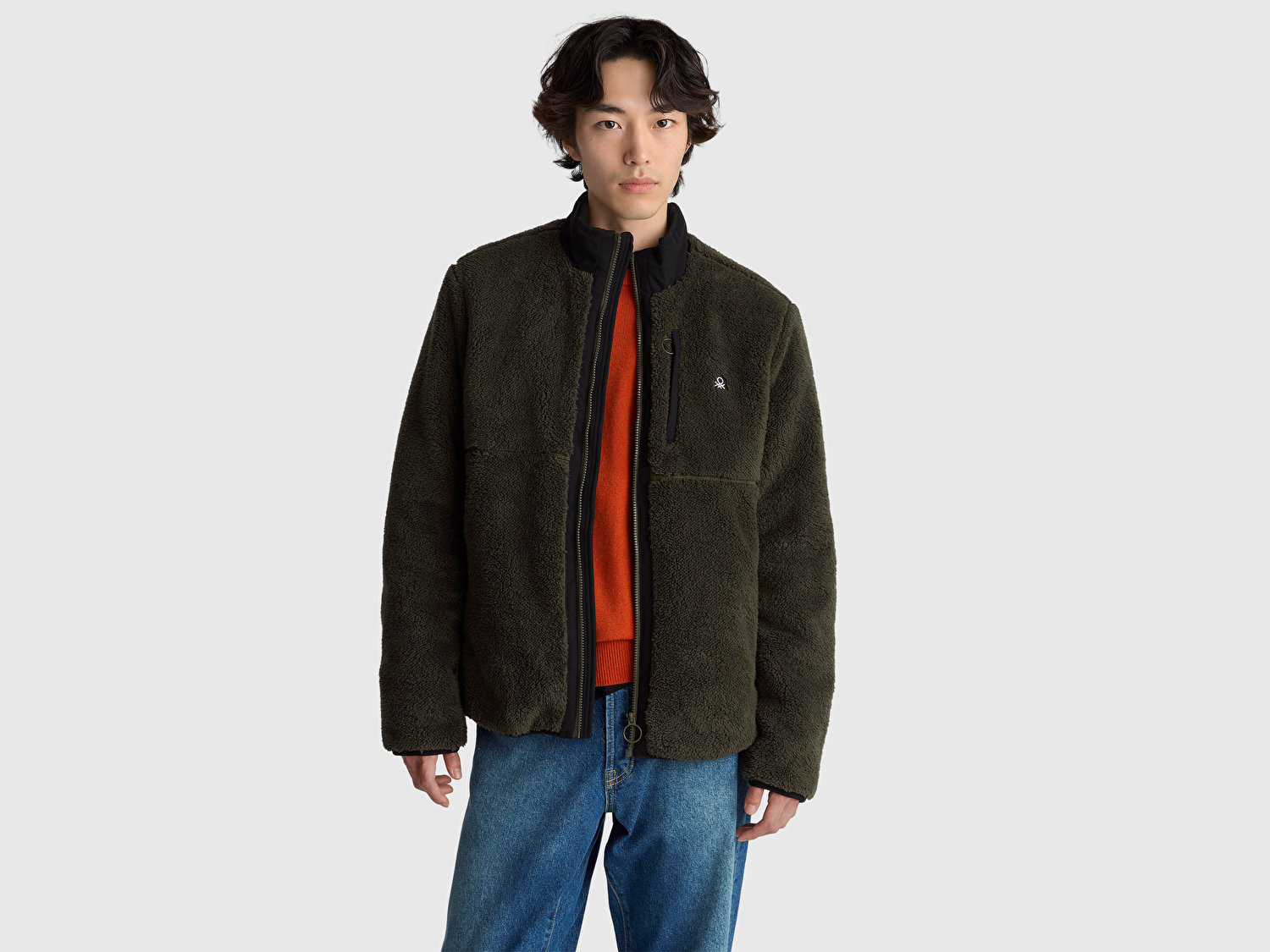 Benetton Erkek Haki  Önü Logo İşlemeli Cep Detaylı Dik Yaka Polar Ceket