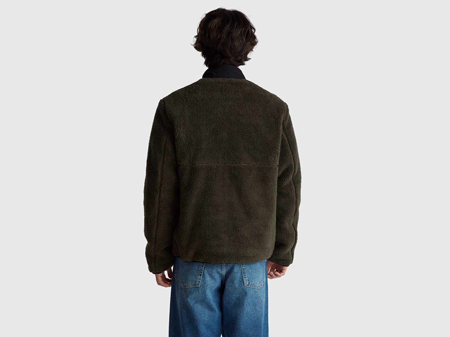 Benetton Erkek Haki  Önü Logo İşlemeli Cep Detaylı Dik Yaka Polar Ceket