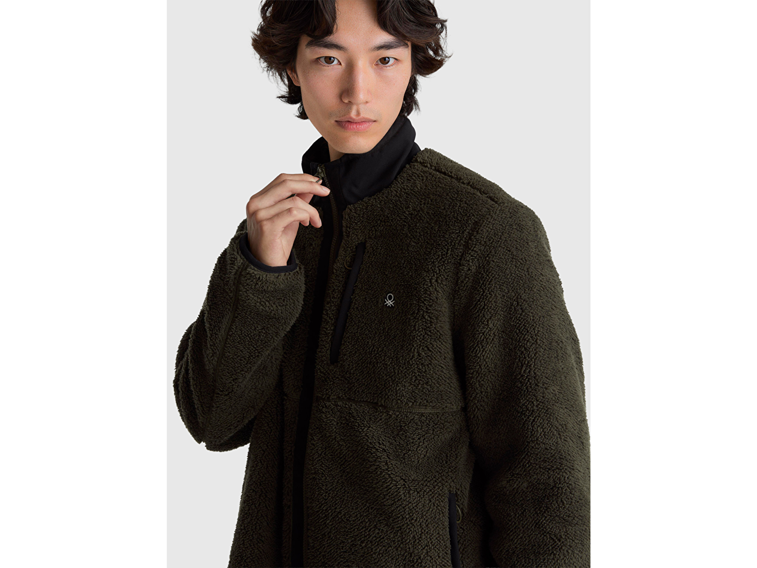 Benetton Erkek Haki  Önü Logo İşlemeli Cep Detaylı Dik Yaka Polar Ceket