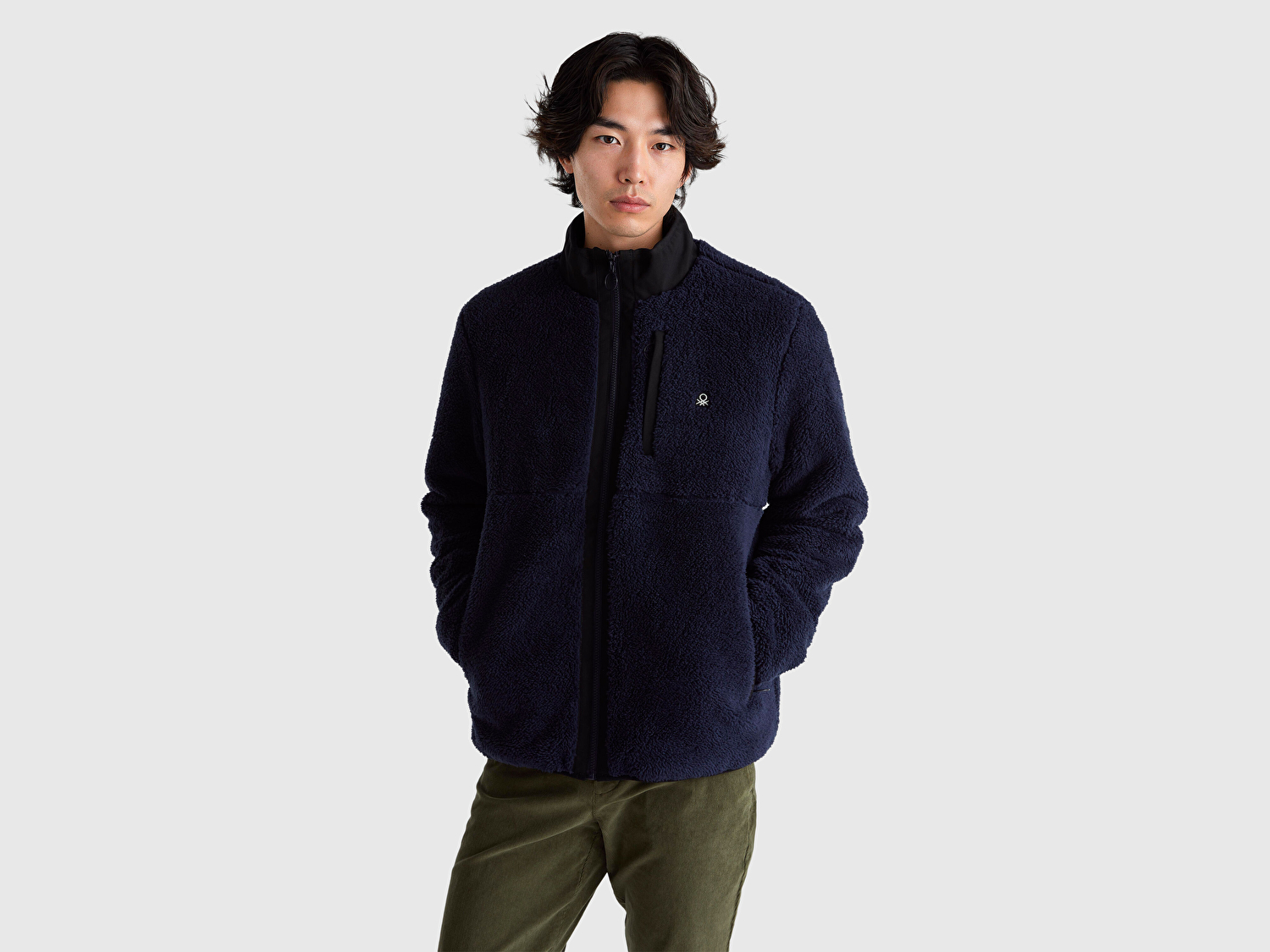 Benetton Erkek Lacivert Önü Logo İşlemeli Cep Detaylı Dik Yaka Polar Ceket