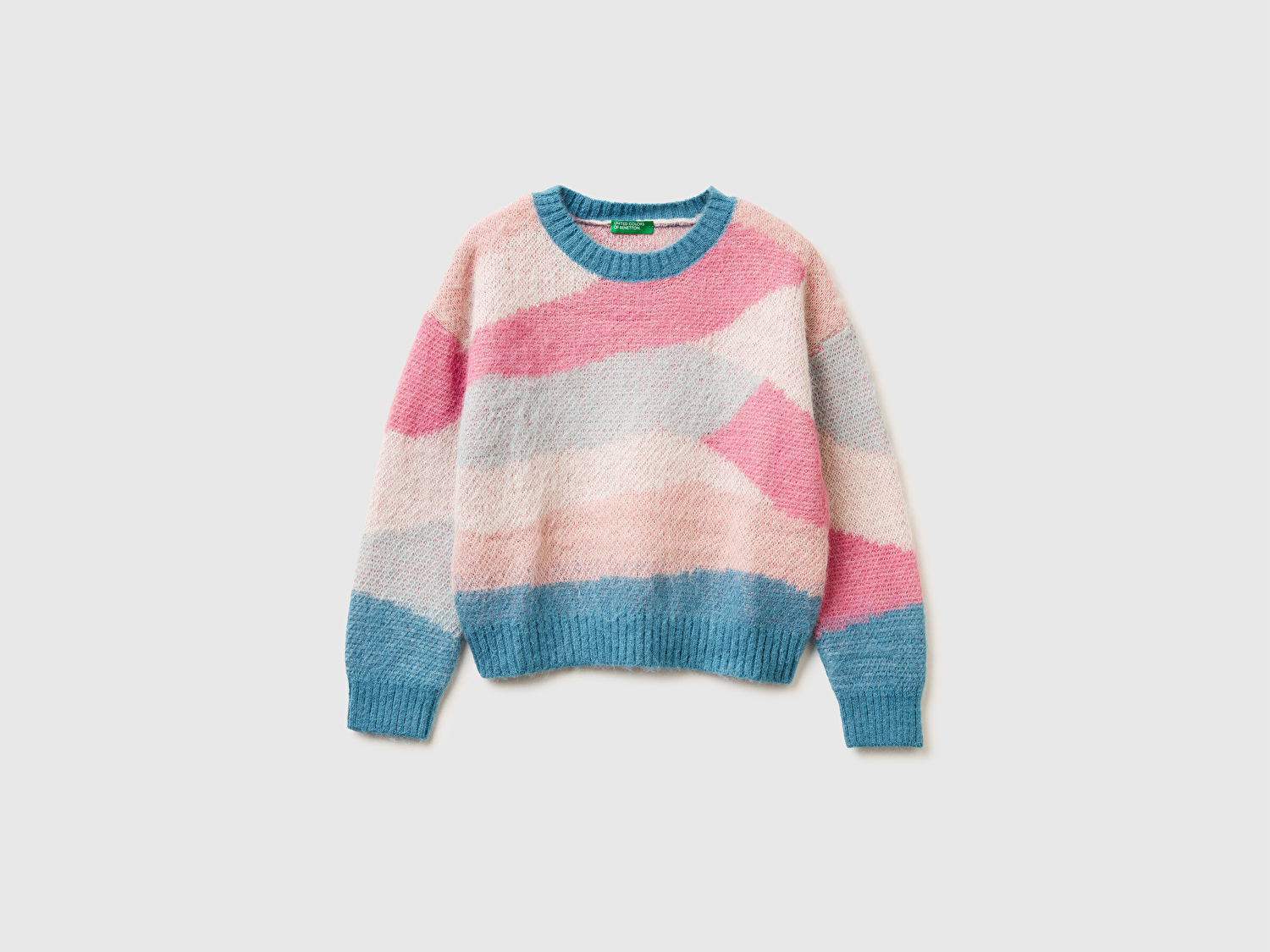 Benetton Kız Çocuk Petrol Mavisi-Pembe Mix Çok Renkli Desenli Jarse Kazak